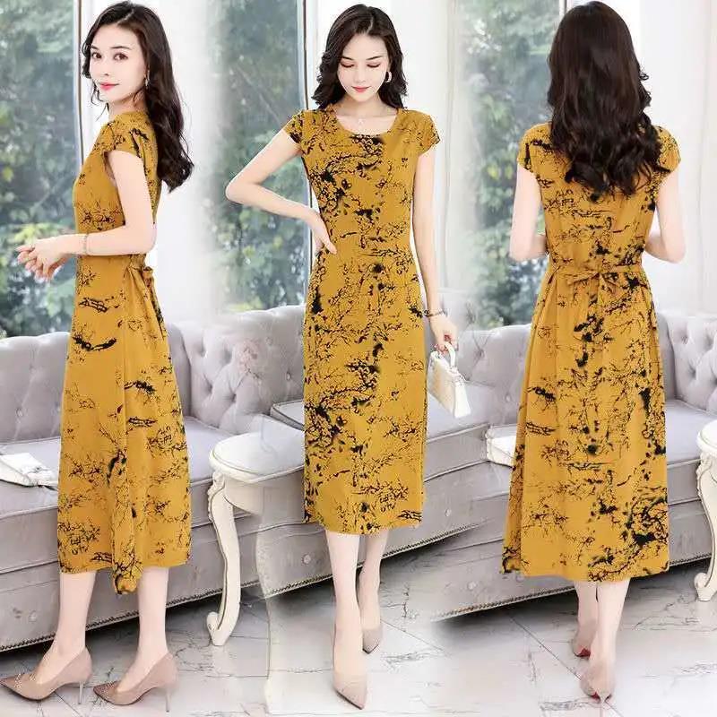 Women's Floral Round Neck Summer Short Sleeve Midi Dress  Large Loose Dress