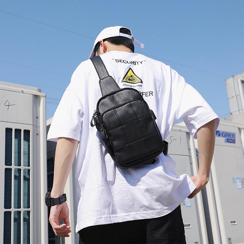 Chest Bag Men Soft Leather Large Capacity Lattice Crossbody Outdoor Sports Fitness Shoulder Bag