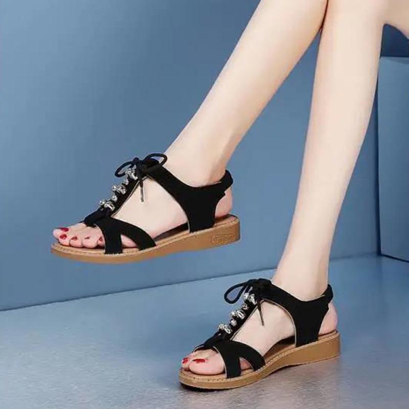 Sandals Female Summer Slope with Roman Rhinestone Flat Bottom All-match Beach Student Shoes Ladies Shoes Soft Leather Open Toe Sandals