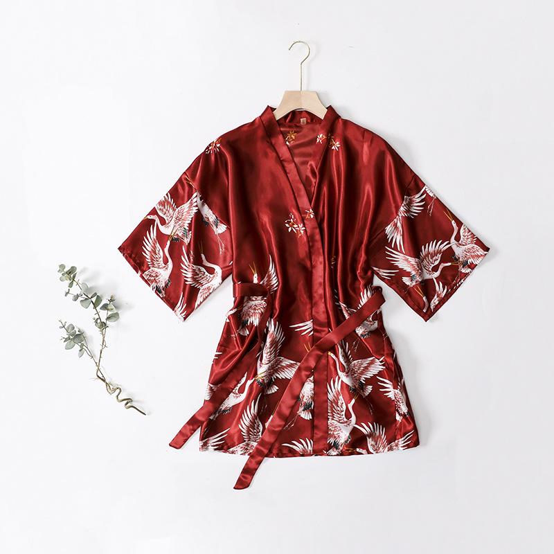 Summer Women's Nightgown Imitation Silk Satin Kimono Bridesmaid Dress Floral Thin Cardigan Dressing Gown Bathrobe