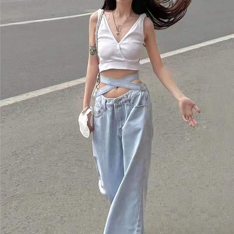 Women's Slim Low Waist  Drape Straight Leg High Quality Durable Denim Lace Wrinkle-Free Jeans