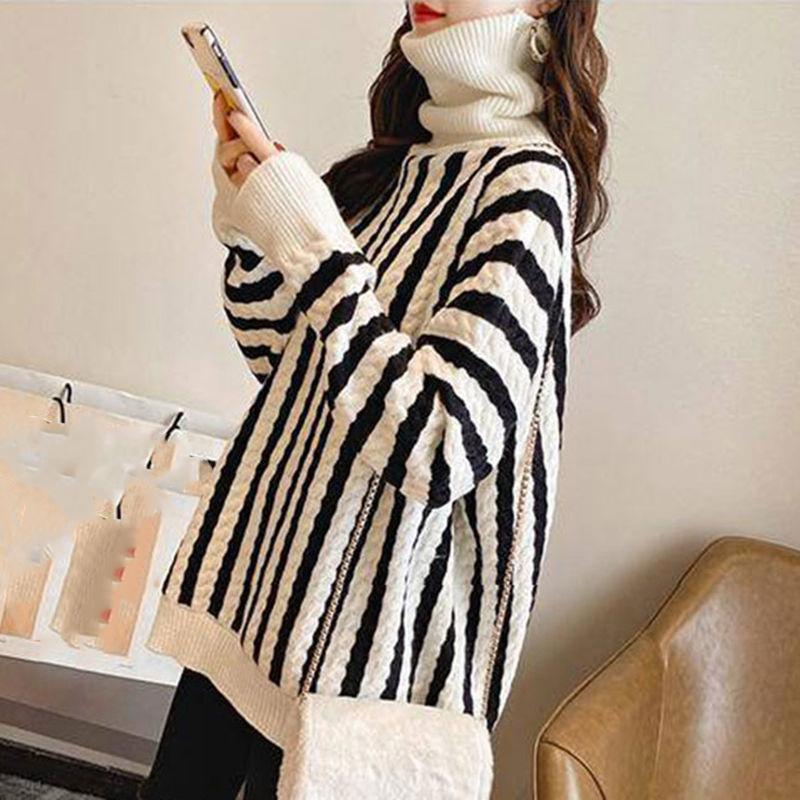 Thick High Neck Vertical Striped Sweater Women's Pullover Fall Winter Loose Casual Fashion Jacket Women