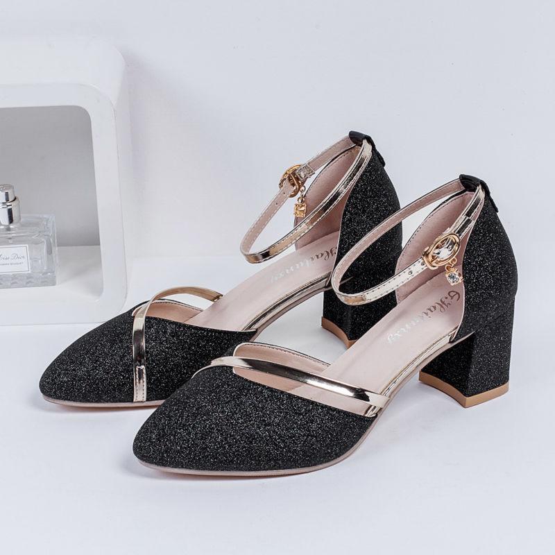 Spring  Summer Sandals Female Students Korean Version  Wild Thick Heels One-word Buckle  High Heels Mid-heel  Single Shoes