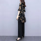 Printed Suit Women's Summer Chiffon Shirt Loose Belly Cover Wide-leg Pants Two-piece Long-sleeved Shirt + Loose Wide-leg Pants