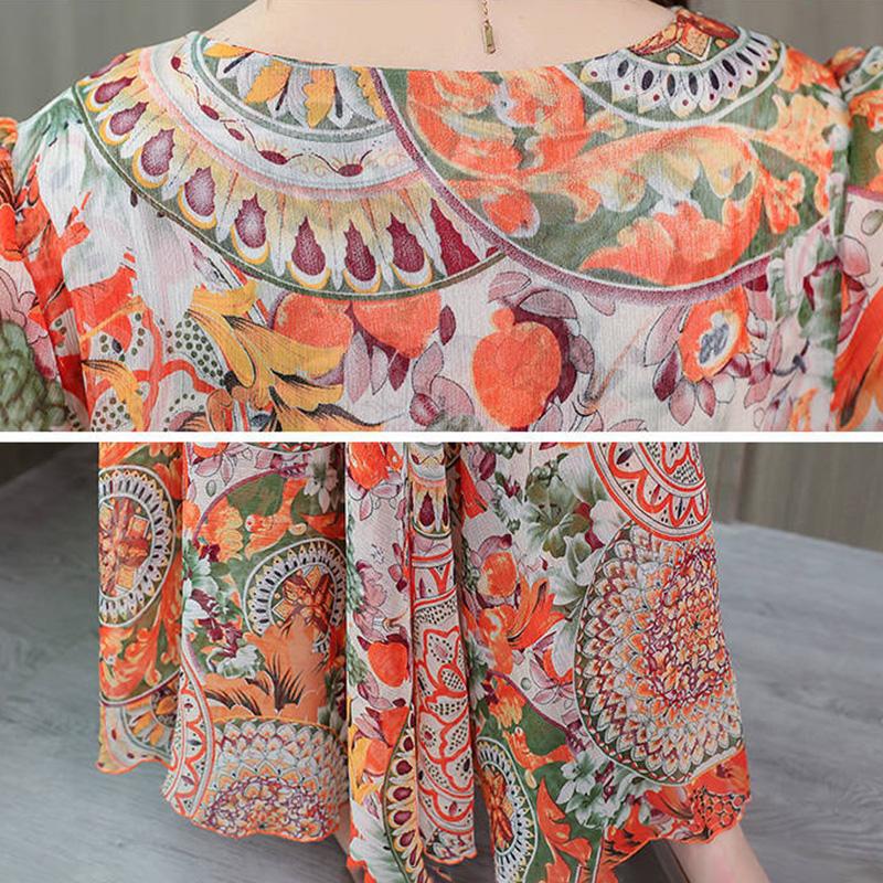 Dress Summer Women's Large Size Chiffon Waist Waist Was Thin Floral Long Skirt A-line Version Long Skirt Large Skirt Waist Waist Was Thin Beach Dress