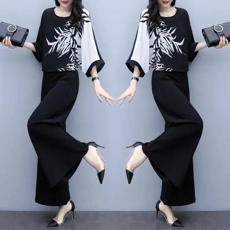 Women's Black Two-piece Wide-leg Trousers Printed Belly Slimming Shirt Casual Suit Women's Plus Size Temperament Casual Loose Suit