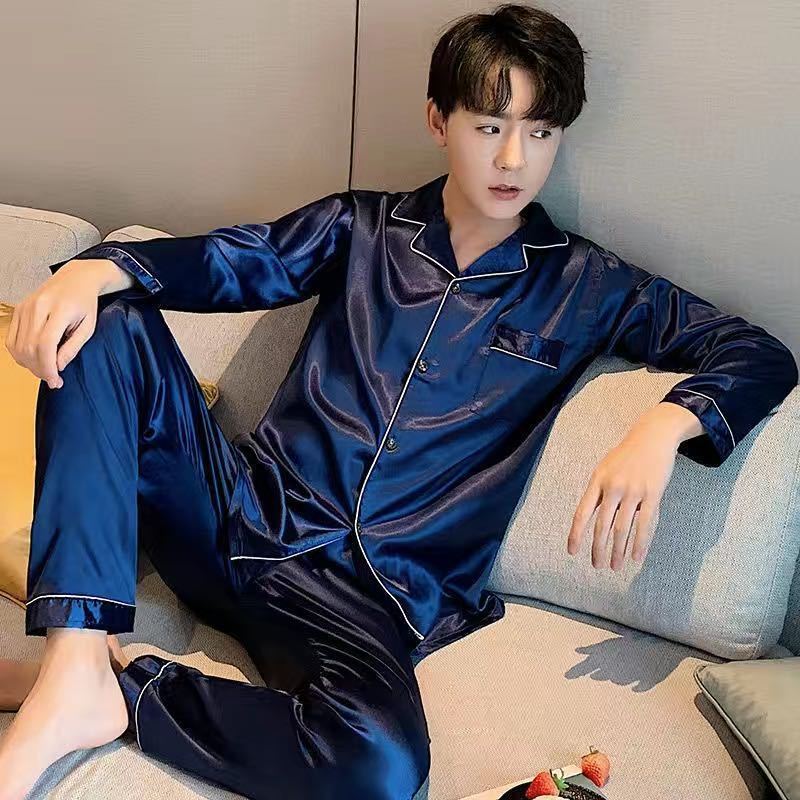 Plus Fat Plus Size Men's Pajamas Spring and Autumn Long-sleeved Ice Silk Thin Korean Home Service Two-piece Suit