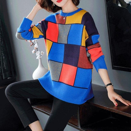 Vintage Women Checker Sweater Pullover Loose Color Block Thickening Knit Sweater Bottoming or Outwear