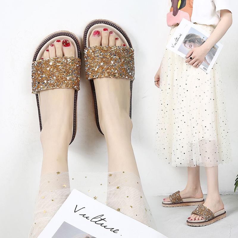 Slippers Women’s Summer Fashion Outer Wear Sponge Cake Thick Bottom Flip Flops Sequins Sandals Flat Sandals Beach Shoes