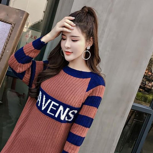 Autumn and Winter Mid-length Knit Sweater Letter Stripe Bottoming Dress Loose Pullover Long Sleeve Sweater