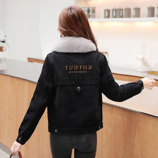 Women's Denim Jacket with Detachable Liner Plus Velvet Padded Winter Coat Loose Denim Cotton Coat Women