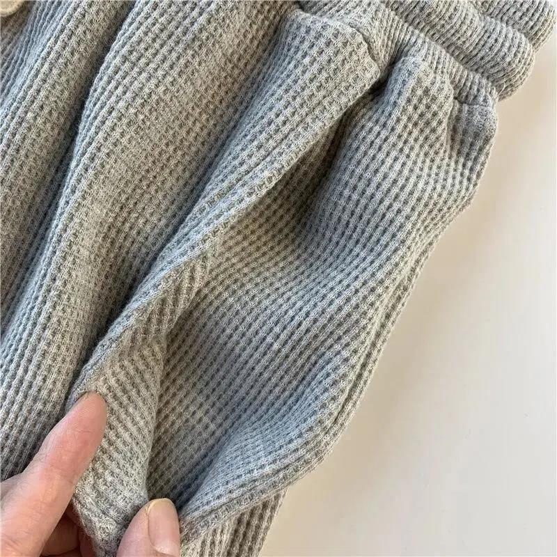Cotton Waffle Casual Pants Women's Autumn and Winter Korean Style Simple Lace-up Elastic High Waist Loose Wild Sports Pants