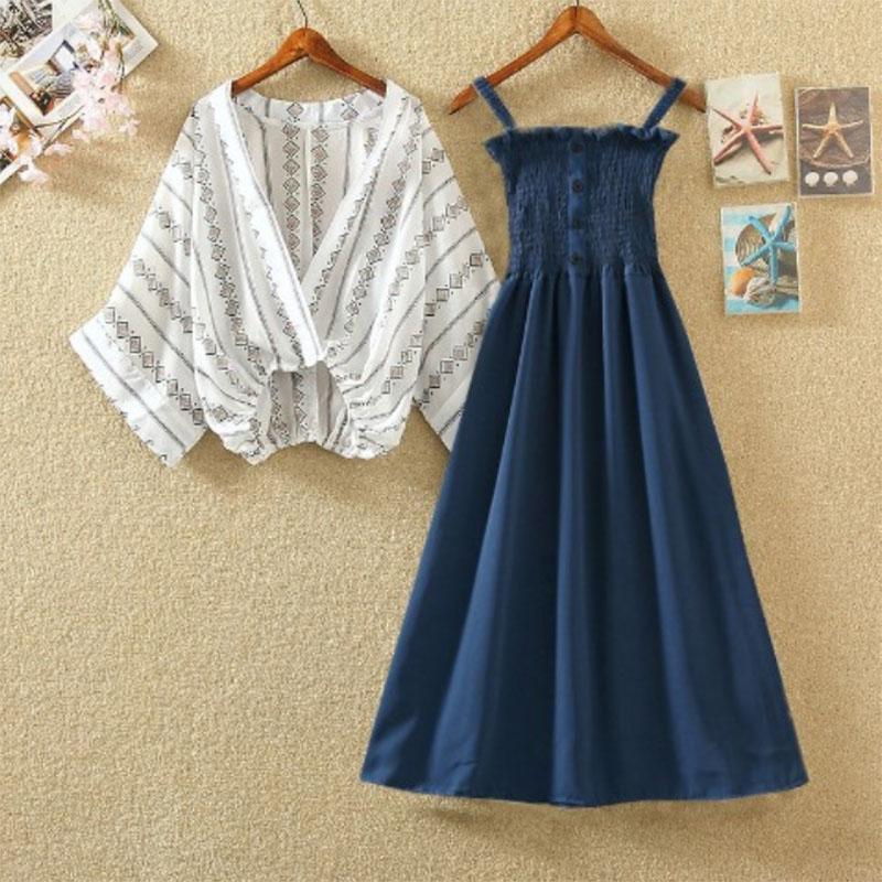 Women Plus Size 2piece Set Summer Deep V-neck Bat Blouse Strap Dress Two-Piece Set