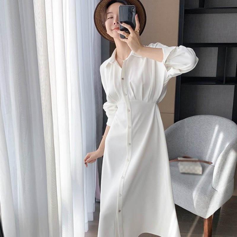 Spring Summer White Shirt Dress Cardigan Niche Waist Waist Was Thin A-line Long Skirt Women
