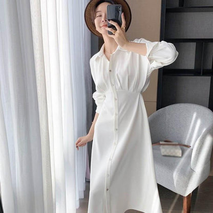 Spring Summer White Shirt Dress Cardigan Niche Waist Waist Was Thin A-line Long Skirt Women