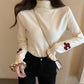 PofuLove Autumn and Winter Tops Pullover Turtleneck Sweater Outerwear Flower Embroidered Sweater