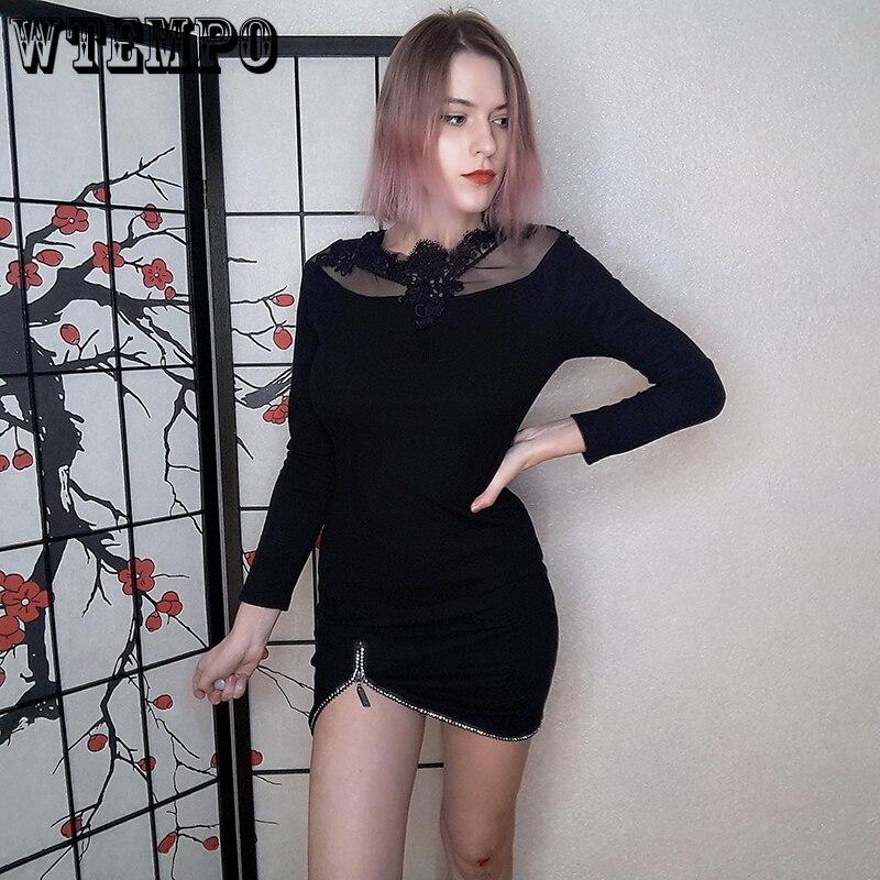 Women Sexy Black Lace Voile Hollow Out Bodycon Dresses Zipper Hem Butterfly Strap Backless Plus Size Slim Dresses
