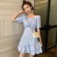 Women's Spring and Summer French Elegant Thin Irregular Square Collar Waist Slim Ruffle Dress