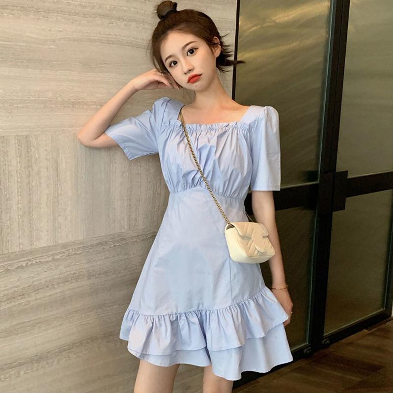 Women's Spring and Summer French Elegant Thin Irregular Square Collar Waist Slim Ruffle Dress