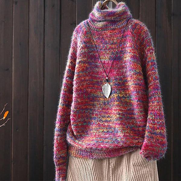 Women's Colorful Large Size High Collar Sweaters Autumn and Winter Loose Long Sleeve Bottomed Knitted Pullover