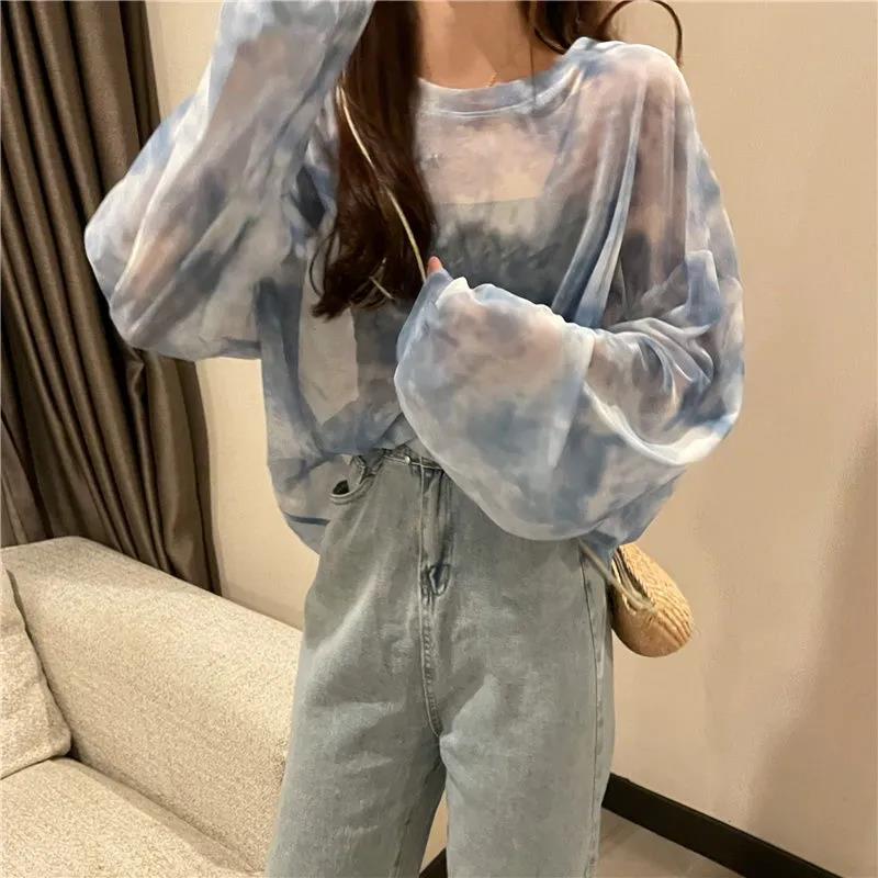 Fall Version of Tie dye Loose Simple Long-sleeved fall T-shirt Women Simple Pure color Bottoming Net yarn Blouse Tee