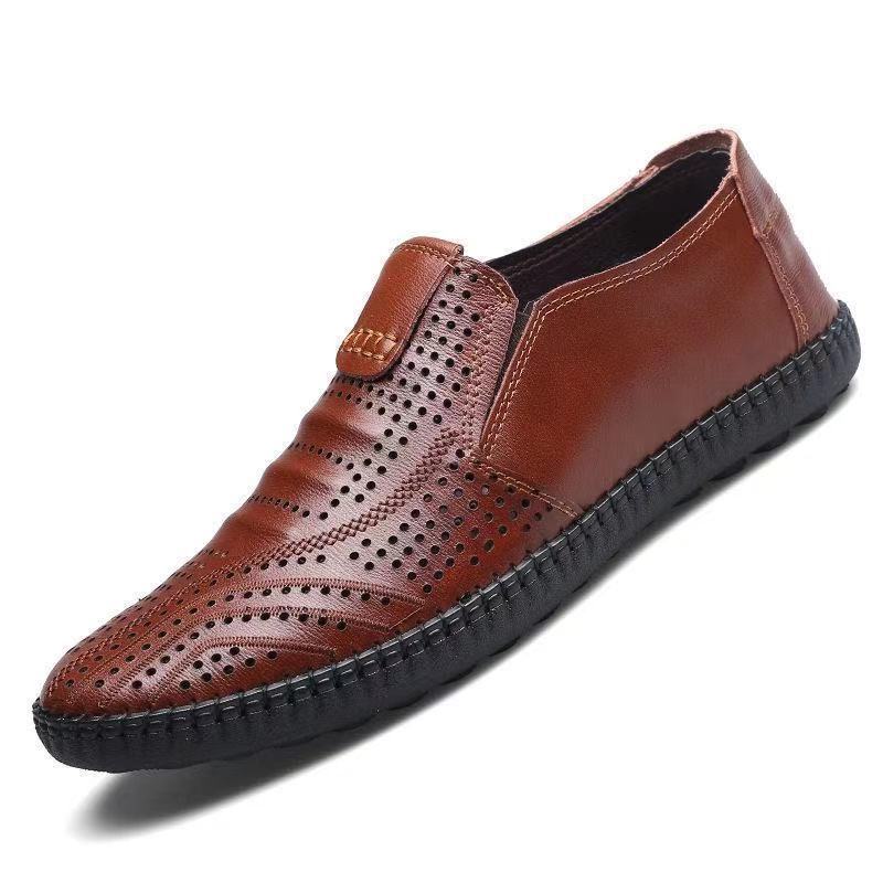 Men Summer Leather Shoes Breathable Hollow PU Shoes Slip on Soft Sole Casual Leather Shoes Comfortable Driving Shoes Leisure Round Toe Wear-resistant