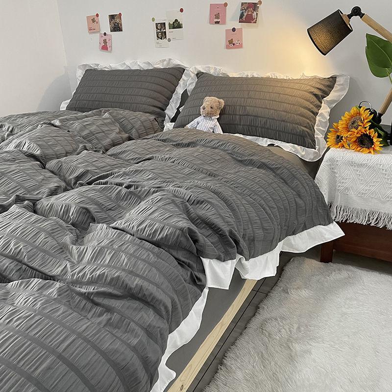 Princess Style Washed Cotton Seersucker Four-piece Solid Color Bedding Quilt Cover Sheet Four Seasons Universal