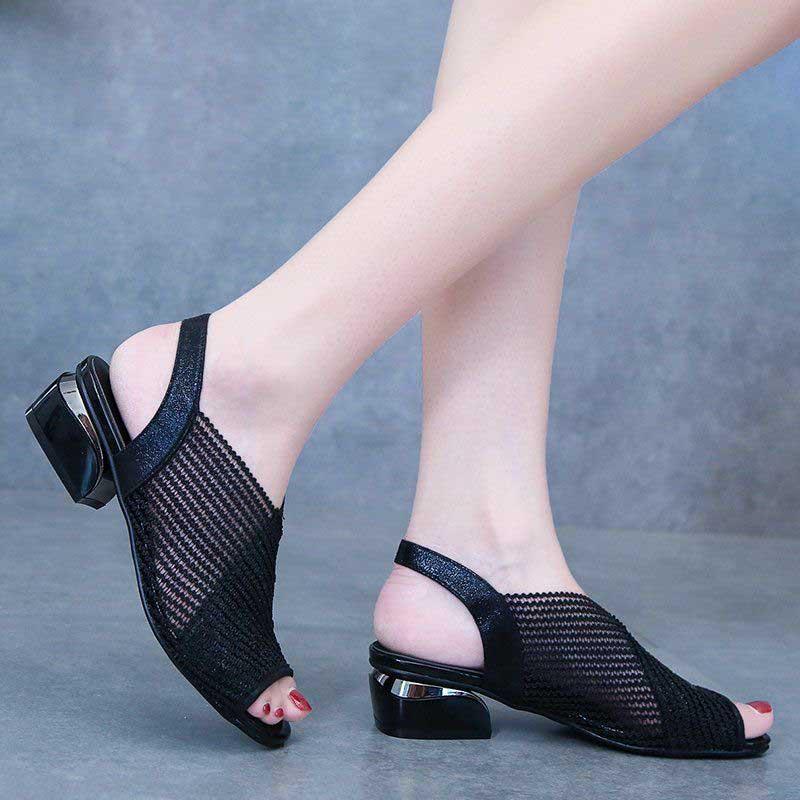 Plus Size 35-41 Summer Women Outdoor Hollow Mesh High Heels Flat Bohemian Beach Shoes Non-slip Office Lady Sandals