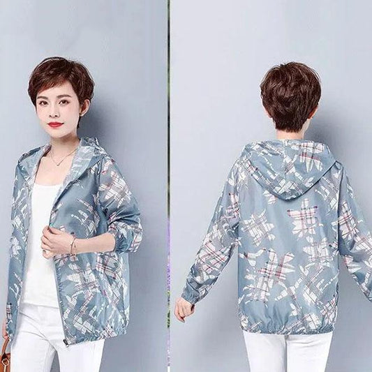 XL-5XL Women's Summer Long Sleeve Print Thin Hooded Sun Protection Jackets Female Spring Autumn Plus Size Loose Coats