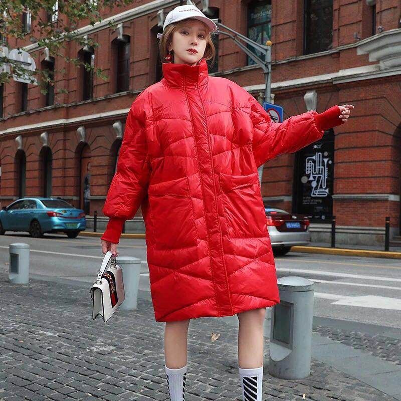 Women's Winter Stand-up Collar Hoodless Down Jacket Mid-length and Knee-thick Loose Plus Size Down Jacket Thick Warm Cotton