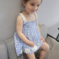 Children Dress Girls' Summer Thin Dress Suspender Dress Plaid Off Shoulder Chrysanthemum Princess Dress Ruffle