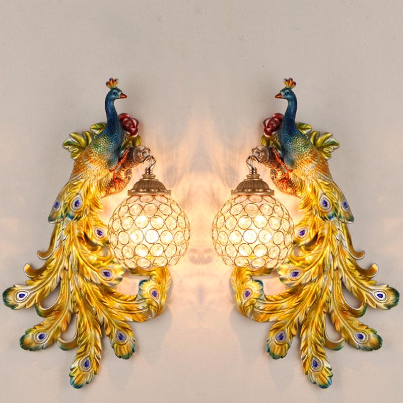 Retro peacock crystal LED wall lamp living room background bedroom bedside peacock phoenix wall lamp