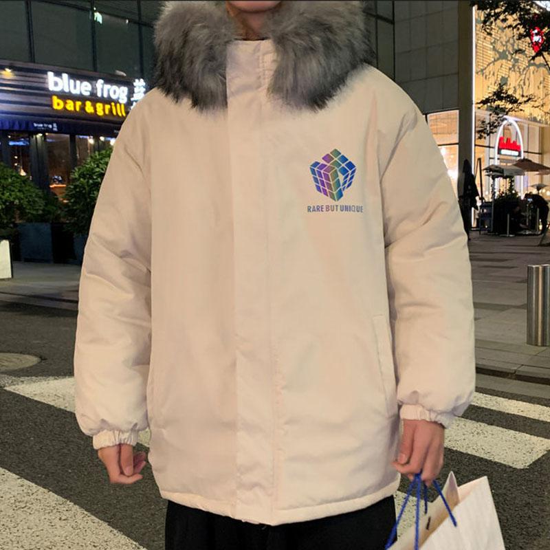 Rubik's Cube Reflective Cotton Coat Male Fur Collar Korean Style Loose Bread Coat Winter Student Handsome Padded Coat