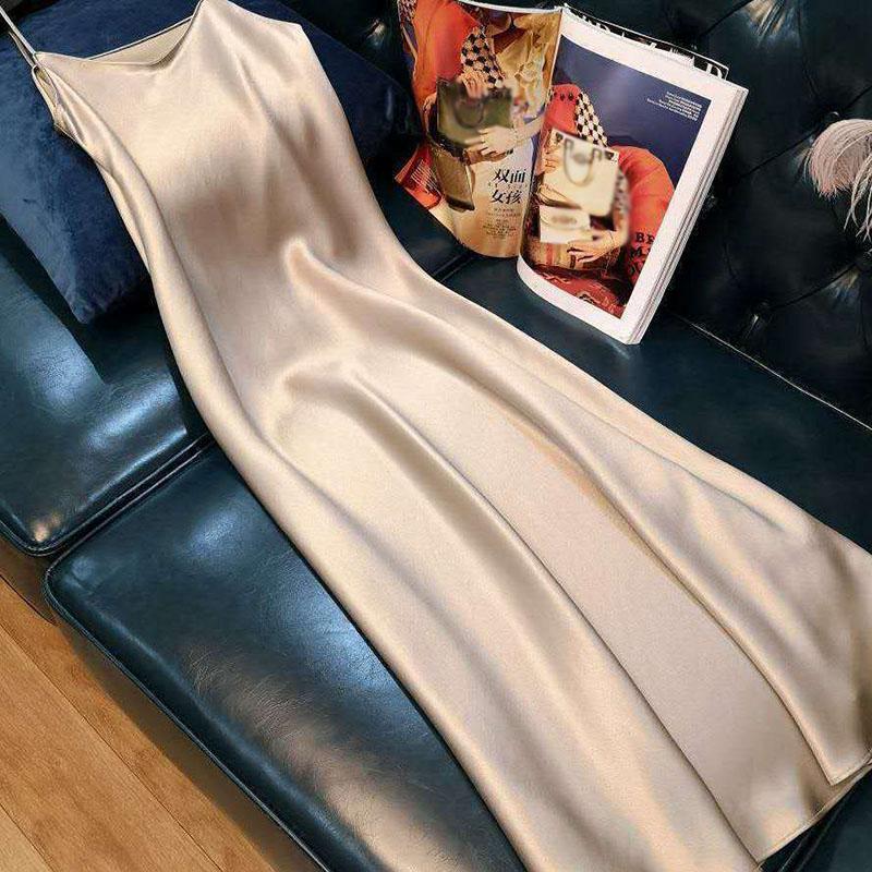 Ladies Satin Deep V-neck Sexy Dress Solid Color Straight Pajamas Party Dress Elegant Female Summer Suspender Skirt Casual