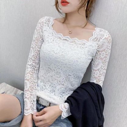 Women's Spring and Autumn Long Sleeve Lace Bottoming Shirt Square Collar Slim Top
