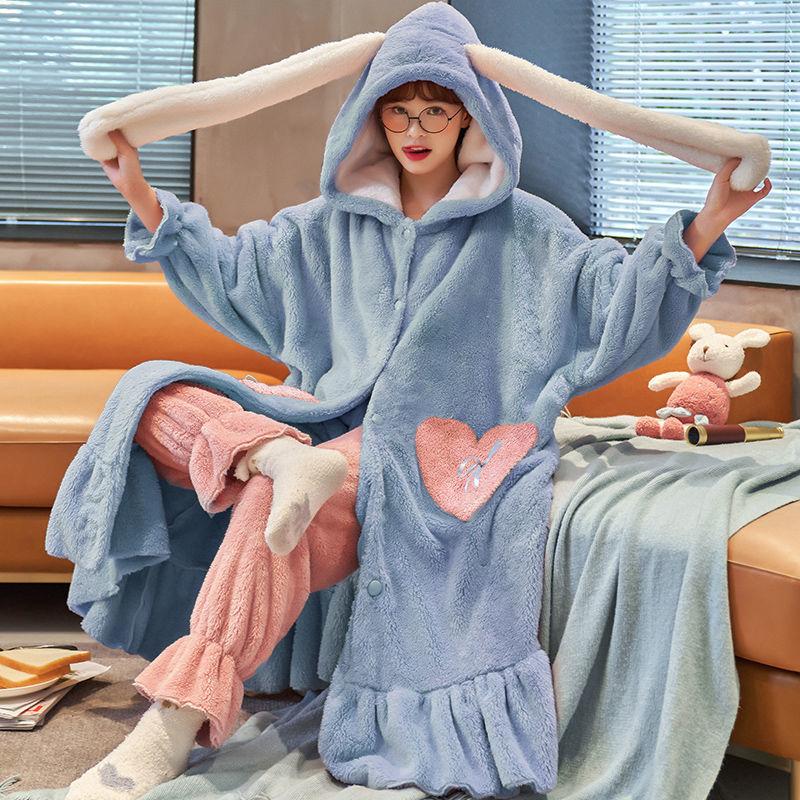 Pajamas Women's Autumn and Winter Coral Fleece Warm Night Gown Long Suit Can Wear Flannel Thickening Plus Velvet Bathrobe Home Service