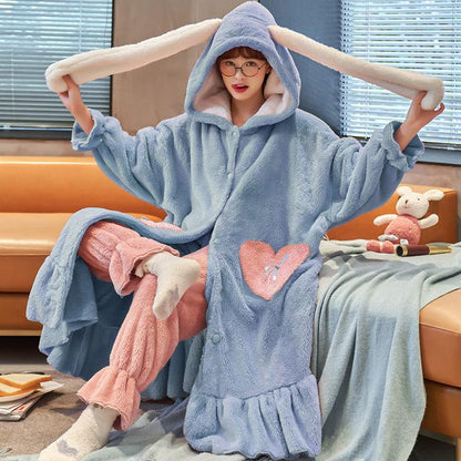 Pajamas Women's Autumn and Winter Coral Fleece Warm Night Gown Long Suit Can Wear Flannel Thickening Plus Velvet Bathrobe Home Service