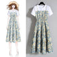 Women Summer Elegant Dress Vintage Slim Short Sleeve High Waist Chiffon Floral Printed Versatile Mid-length Dress