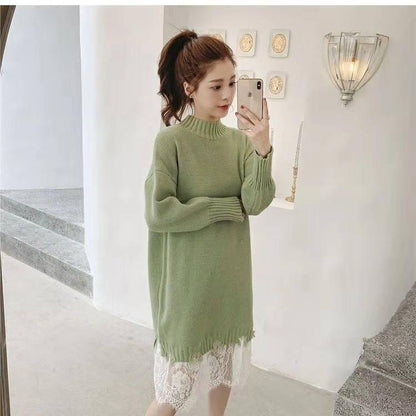 Pofulove 6 Colors Women Winter Pullover Sweater Dress  Half-Turtleneck Lace Knitted Long Skirt