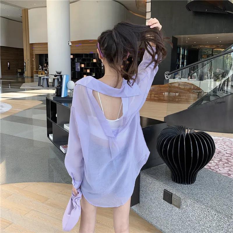 Women's Blouses Shirts Sun Protection Loose Outer Thin Beach Coat Backless Solid Shirts