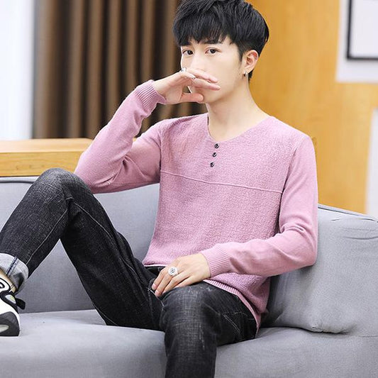 V-neck Button Men's Sweater Slim Fashion Solid Color Men's Thin Knit All-match Jacket Long Sleeve Top