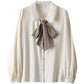 Doll Neck Ribbon Bow Solid Color Chiffon Shirt Shirt Women's Long Sleeve French Puff Sleeve Shirt Spring and Autumn