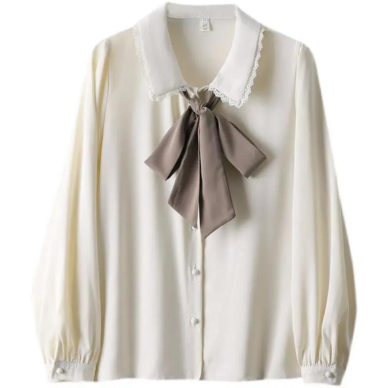 Doll Neck Ribbon Bow Solid Color Chiffon Shirt Shirt Women's Long Sleeve French Puff Sleeve Shirt Spring and Autumn