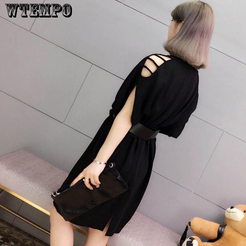 Brand Women's Leaking Shoulder Dress Summer Dress Bat Sleeve Loose Skirt