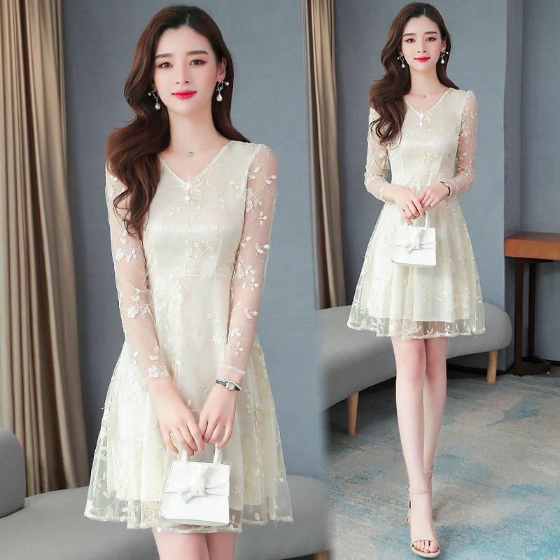 Lace Dress Spring Summer Knee-length V-neck Mesh Hollow Full Sleeve Party Dress