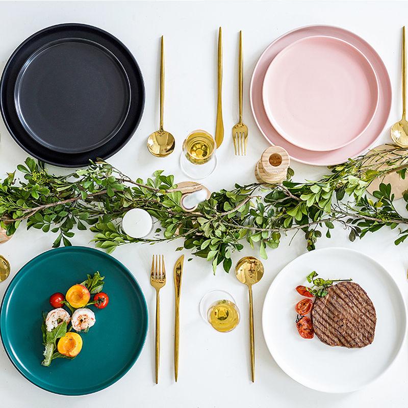 Nordic Ins Wind Color Glaze Tableware Household Steak Plate Dish Net Red Ceramic Simple Creative Western Food Disc Knife and Fork