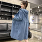 All-match Mid-length Denim Jacket Hooded Trench Coat Spring and Autumn Plus Size Women's Loose Waist Dress Jeans Jacket