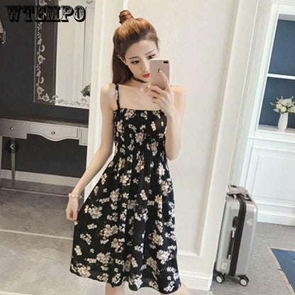 WTEMPO Tube top waist sleeveless strap dress pleated skirt spring and summer wrapped chest slim
