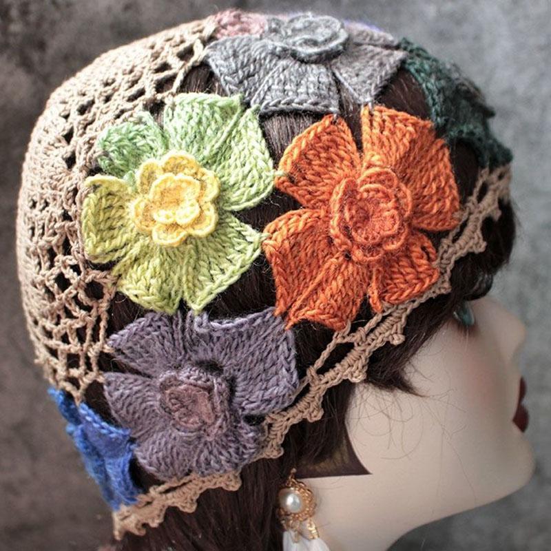 Gradient Stereo Flower Bag Head Hat Woman National Handmade Crochet Knit Hat Openwork Towel Hat