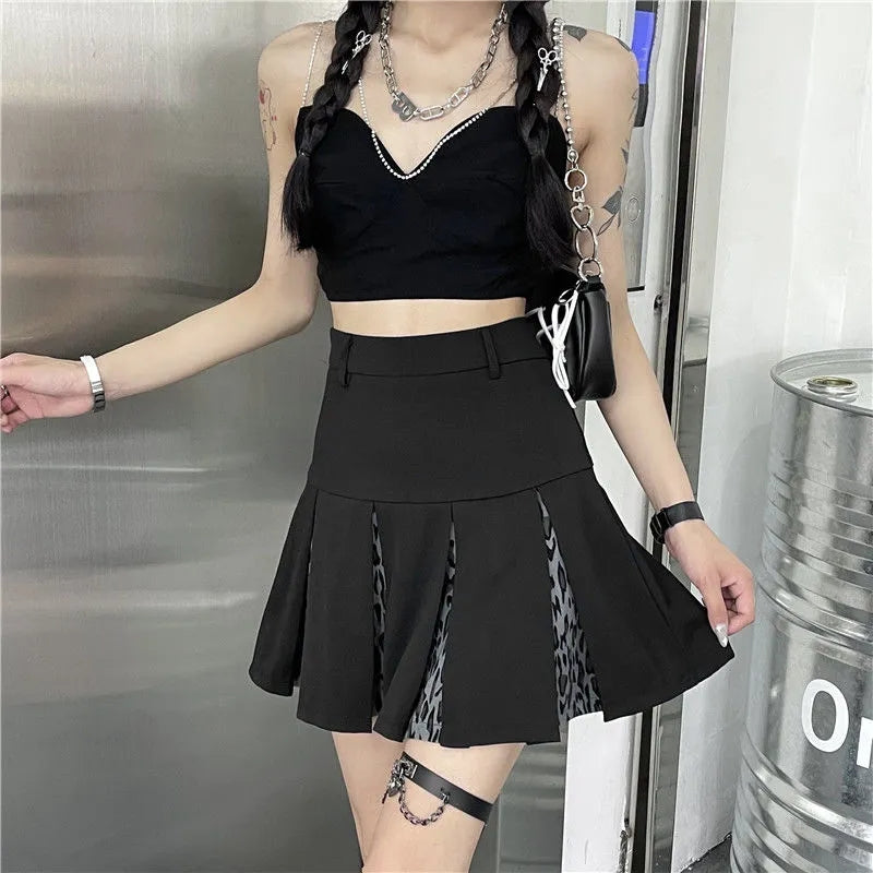 Skirts Womens Black Leopard Print Pleated Skirt Summer Club Mini Skirt Slim High Waist Casual Short A-line Skirts